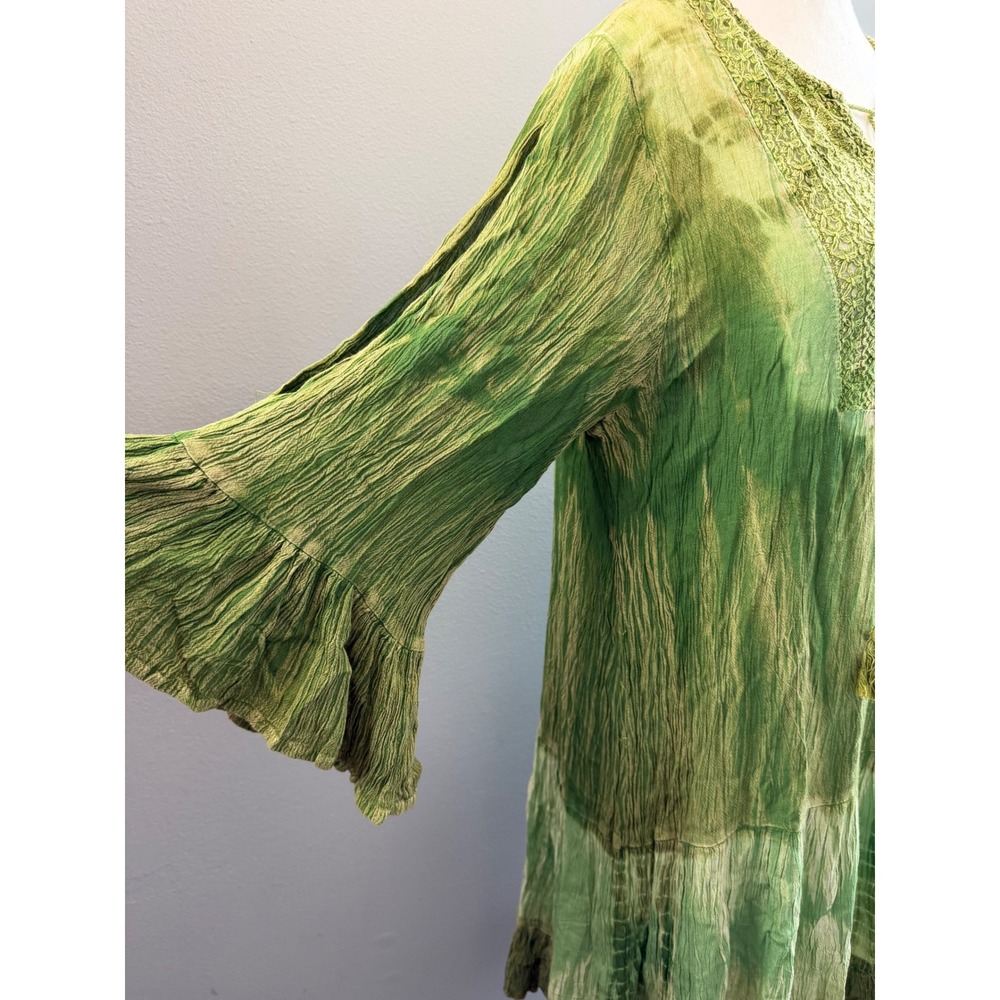 M/L Green Tie Dye Boho Crochet Lace Tassel Midi Dress Lagenlook Fairy Flowy Tier - Picture 4 of 7